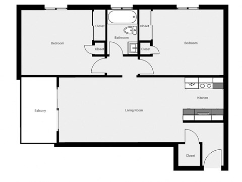 Floor plan for 2 beds, 1 bath, 756 sqft